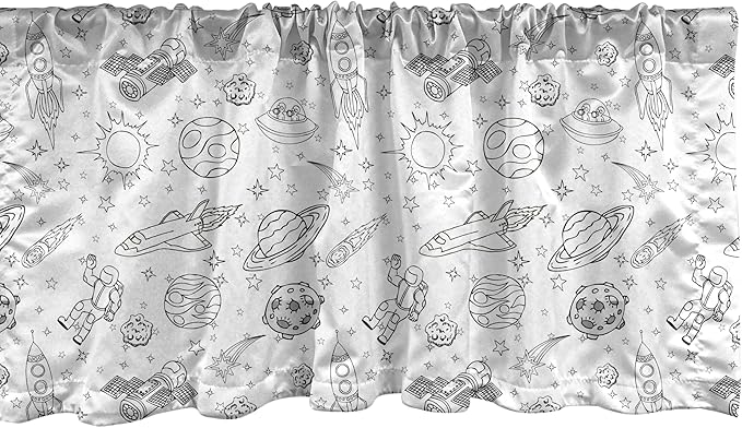 Ambesonne Cartoon Window Valance Pack of 2, Doodle Solar System Astronauts Space Crafts Shooting Stars Science Fiction Theme, Rod Pocket Curtain Valances for Kitchen Bedroom, 54" X 18", White Black