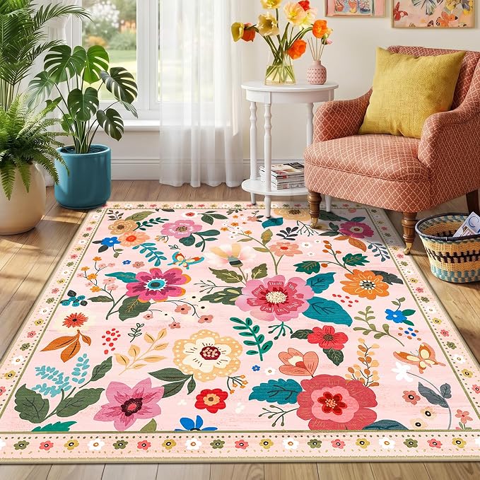 RELEANY Floral Washable Square 4ft Area Rug Pink | Flower Carpet Print Boho - Image 6