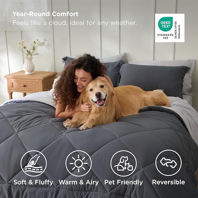 Bedsure Full Size Comforter Set - 7 Pieces Reversible Dark Grey Bedding, Full Size Bed Set for All Seasons, Bed in a Bag with Down Alternative Comforter, Sheets, Pillowcases & Shams