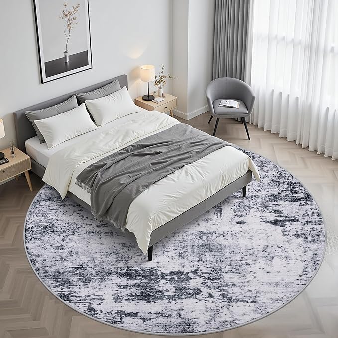 Round Area Rug Living Room: 6 ft Modern Washable Carpet Grey | - Image 2