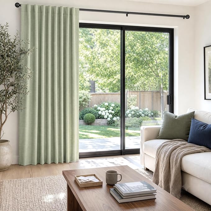 Faux Linen Total Blackout Sliding Door Curtains 90 Inches Long, Sage Green | - Image 5
