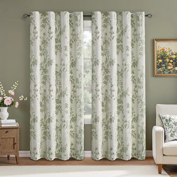 Sage Green Boho Floral 100% Blackout Curtains 84 Inch 2 Panels | Farmhouse - Image 2