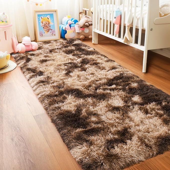 Pionblank Fluffy Runner Rugs for Bedroom 2x6, Tie-Dyed Coffee | Modern Shaggy - Image 3