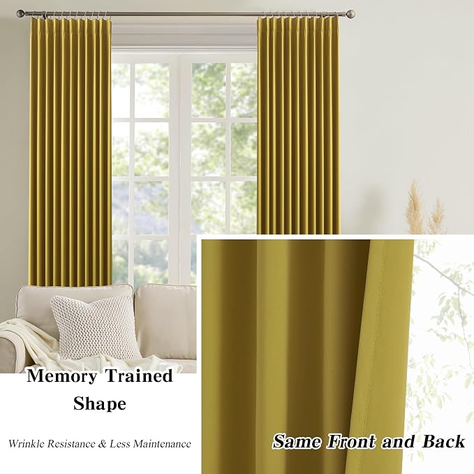 Yellow Pinch Pleated Curtains 108 Inch Length 2 Panels Set Noise Cancelling - Image 6