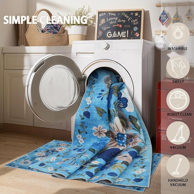 Blue Floral Area Rug 8x10 for Living Room Bedroom | Non Slip; Stain Resistant; - Image 6