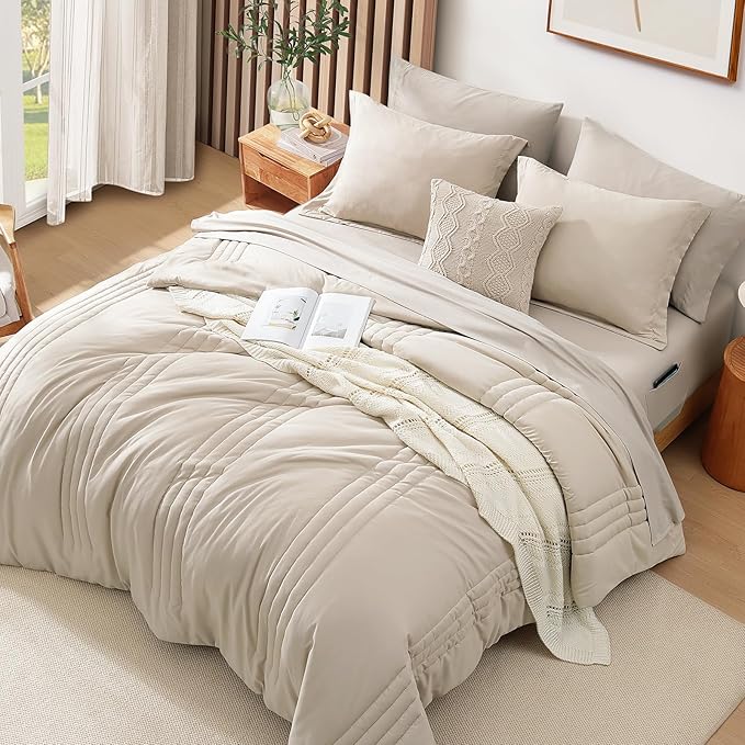 Monbix Oversized Queen Comforter Set - 7 Pieces Apricot Beige Bed in a Bag Queen Bedding Sets with Comforters, All Seasons Down Alternative Comforter Bed Set with Sheets,Pillowcases & Shams