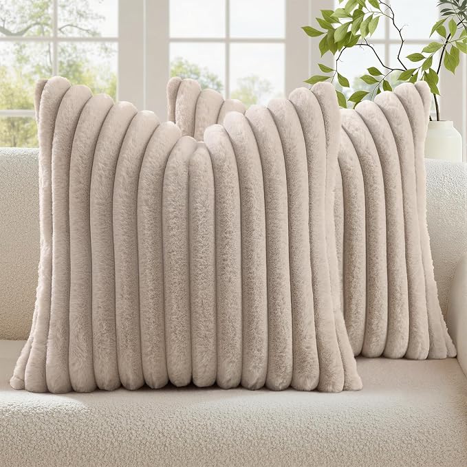 decorUhome Fall Faux Fur Throw Pillow Covers 20x20 Set of 2 Tan | Decorative by decorUhome
