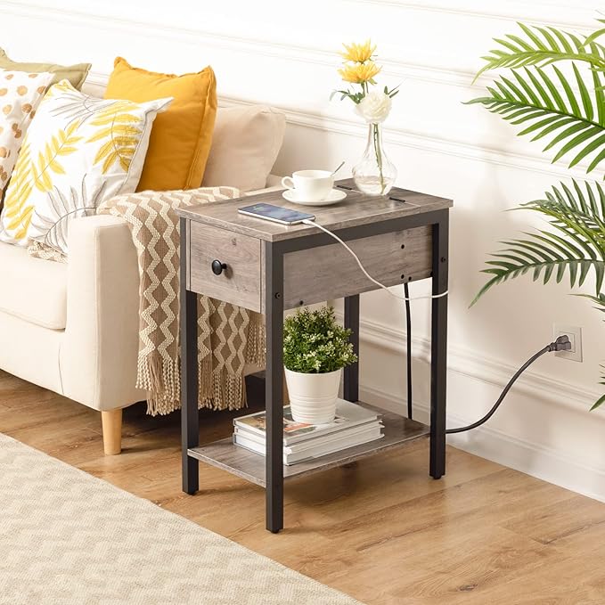 HOOBRO End Table with Charging Station, Narrow Side Table, Small Nightstand, Bedside Tables with Drawer and Storage Shelves, for Small Spaces, Living Room, Bedroom, Greige and Black BG041BZ01G1