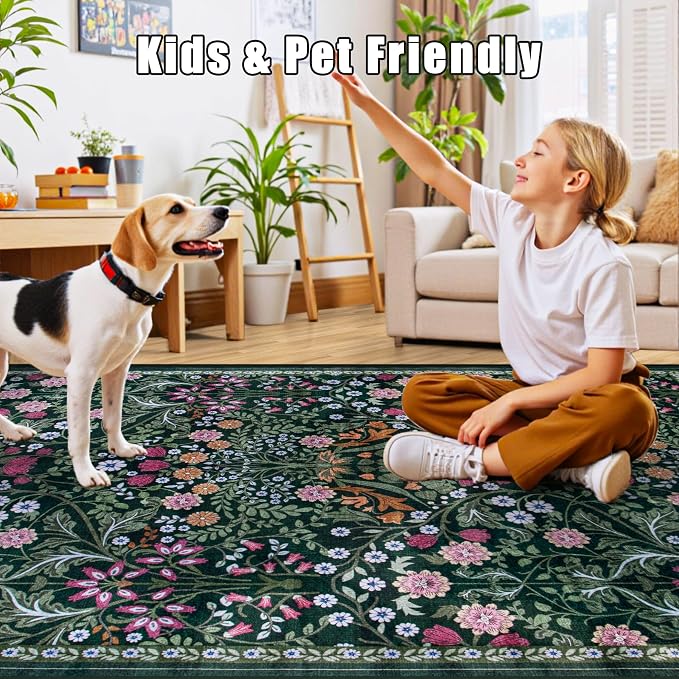 PLHXFR Area Rug Living Room: 4x6 Floral Washable Boho Carpet Dark Green | - Image 8