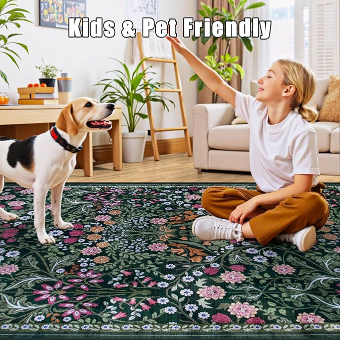 PLHXFR 2x3 Small Entryway Rug: Floral Washable Indoor Carpet Dark Green | - Image 8