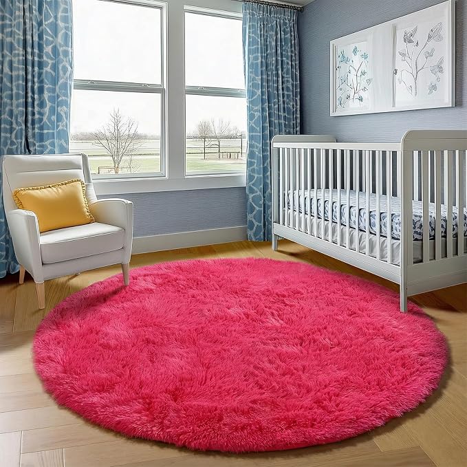 Hot Pink Round Area Rugs 4ft for Bedroom Living Room, Fluffy Circle Rug for - Image 7