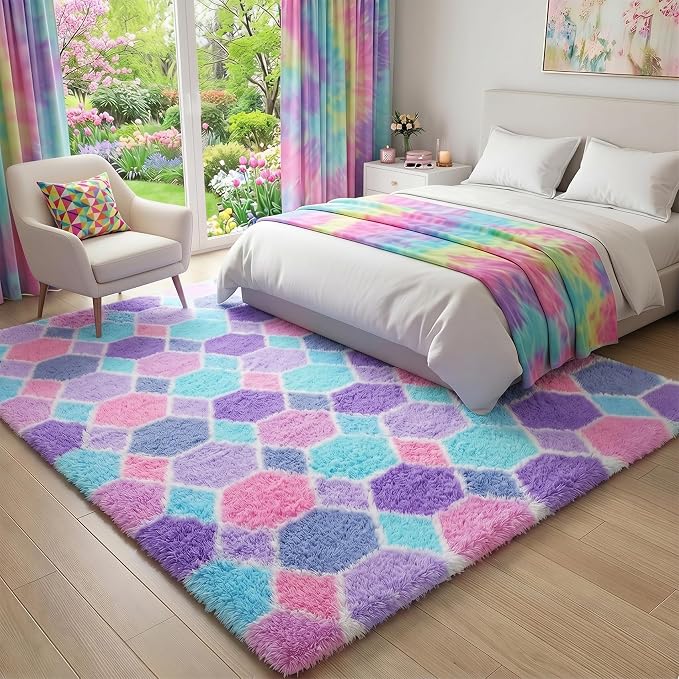 Checkered 6x9 Area Rugs for Living Room, Fluffy Purple Rainbow Girls Rug | Soft - Image 5