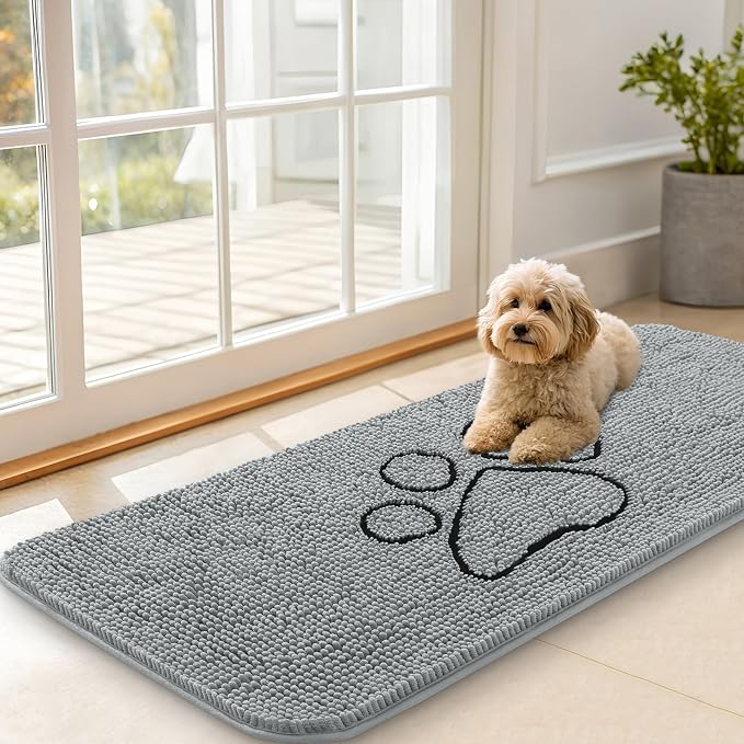 OLANLY Dog Door Mat for Muddy Paws 47x20, Paw Print Design Chenille Mud Mat | by OLANLY