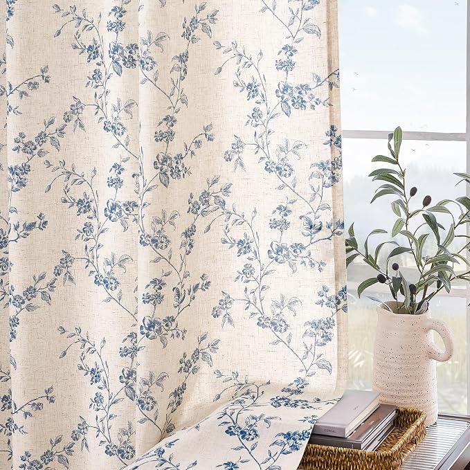 Blue Vintage Floral Linen Curtains Farmhouse 50W X 63L 2 Panels | Elisa Series - Image 8