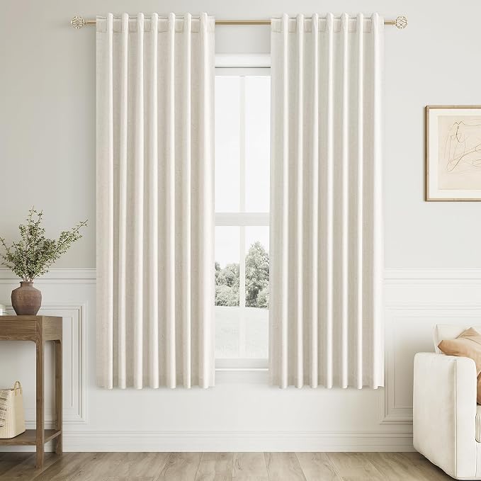 100% Blackout Linen Curtains for Bedroom 62 Inches Long Natural Cream Black Out by Guken