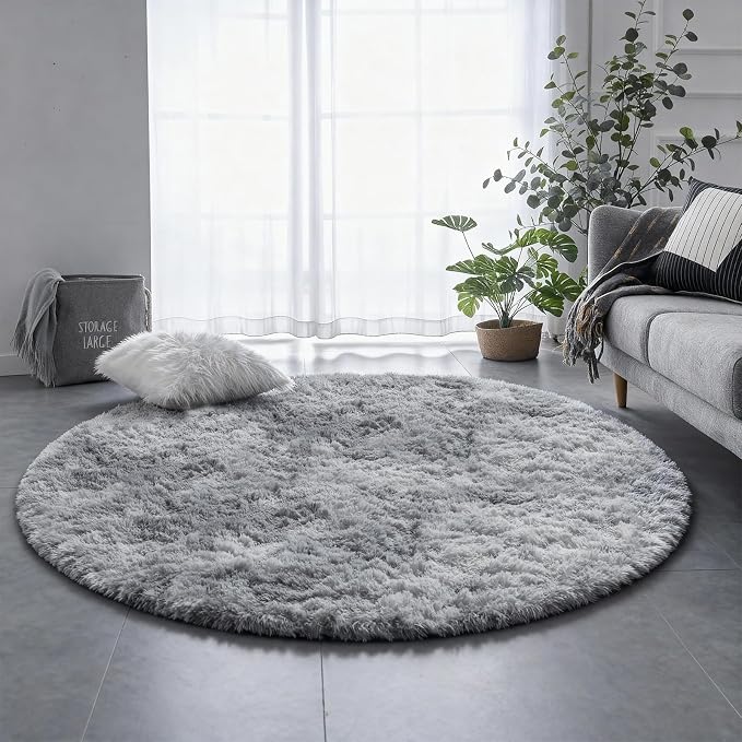 Amdrebio Tie-Dyed Light Grey Fluffy Round Rug 4Ft - Image 7
