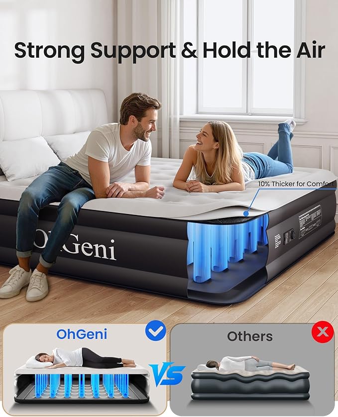 OhGeni Cal King Air Mattress with Built in Pump, 18" Tall Inflatable Blow Up Bed, Luxury Comfort for People(190CM Height), Keep Feet from Dangling, Foldable & Portable Colchon inflables, Black
