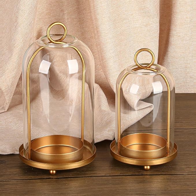 Vintage Brass Metal Candle Lantern with Thick Glass Dome – Set of 2 Shabby Chic Style Candle Holders (5.25"x10" & 4.5"x7.87") – Hanging or Tabletop Decor for Pillar Candles, Plants