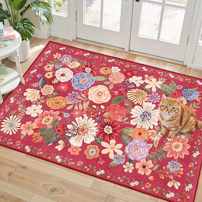 Red Floral Area Rug 2x3 for Bedroom Kitchen | Ultra-Thin; Boho Style; Low Pile; by WelcometoBabovid