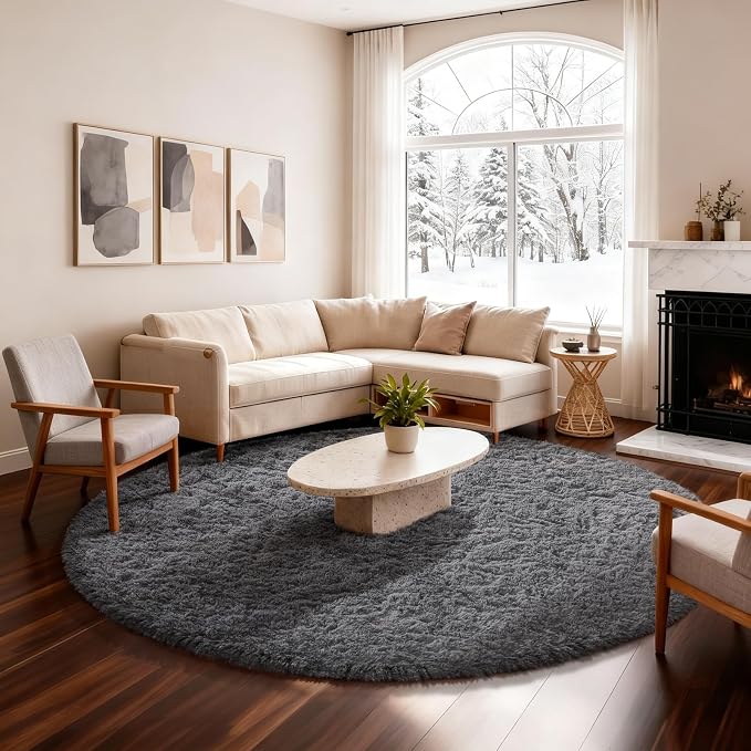 Ophanie Round Rug 6Ft Grey Circle Area Rugs, Fluffy Fuzzy Large Bedroom Carpet by Ophanie