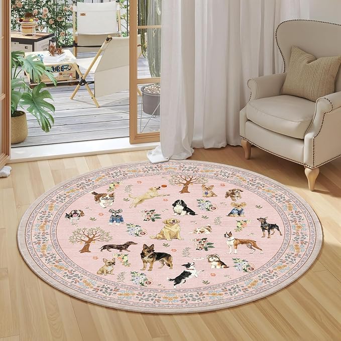 Pink 4Ft Round Dogs Area Rug for Living Room Bedroom | Stain Resistant; Non - Image 5