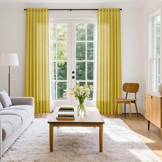 Celery Yellow Linen Curtains 90 Inches Long 2 Panel Set Back Tab Rod Pocket - Image 8