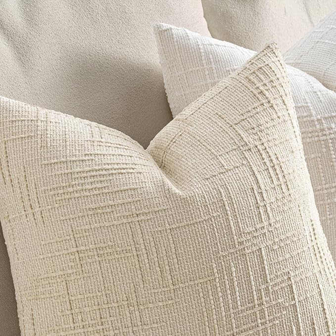 MIULEE Chenille Textured Throw Pillow Covers Beige 20x20 Set of 2 | Slubby - Image 3