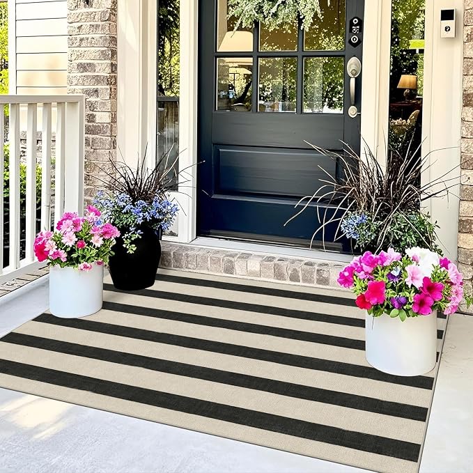 Black and White Striped Entry Rug, 3x5 Non-Slip Indoor Outdoor Rugs | Washable - Image 7