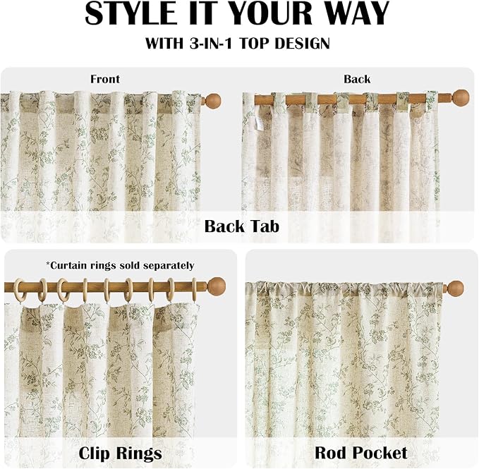 Green Vintage Floral Linen Curtains Farmhouse 50W X 90L 2 Panels | Elisa Series - Image 5