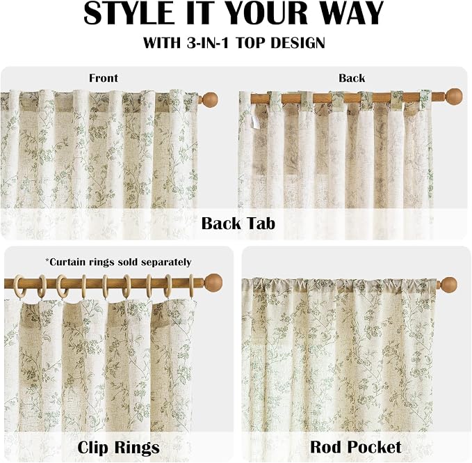 Green Vintage Floral Linen Curtains Farmhouse 38W X 90L 2 Panels | Elisa Series - Image 4