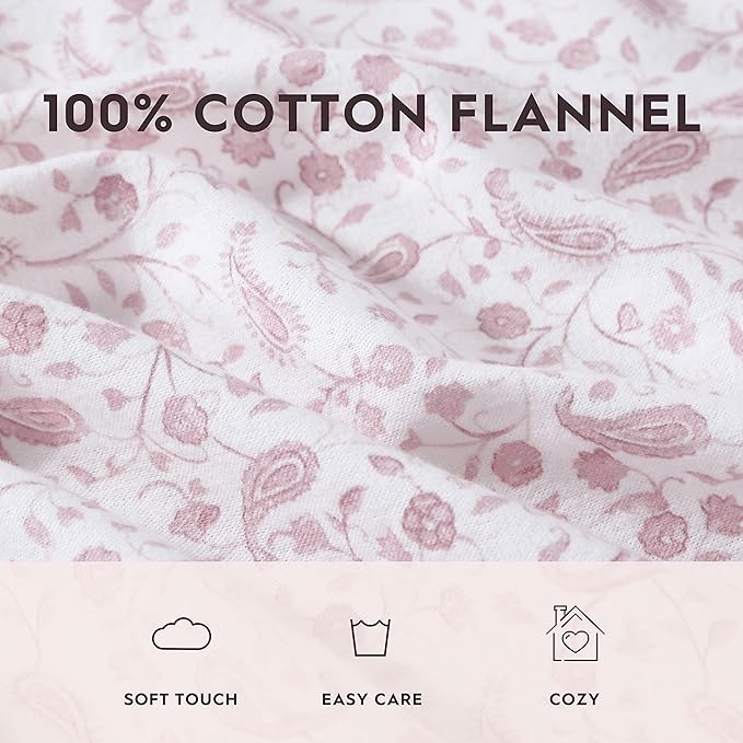 Laura Ashley - Flannel Sheets King Size, Anti-Pilling & Wrinkle Resistant Cotton, Touchably Soft for All-Season Comfort - Bed Sheets with Matching Pillowcases & Fitted Sheet (Paisley Prance Pink)