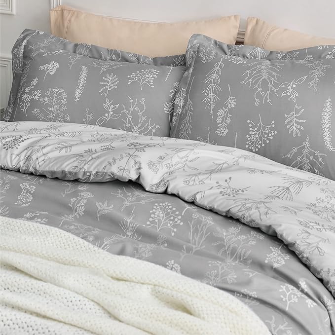 Bedsure Full Comforter Set - Grey Bed Set, 3 Pieces Cute Floral Bedding, 1 Soft Reversible Botanical Flowers Comforter and 2 Pillow Shams