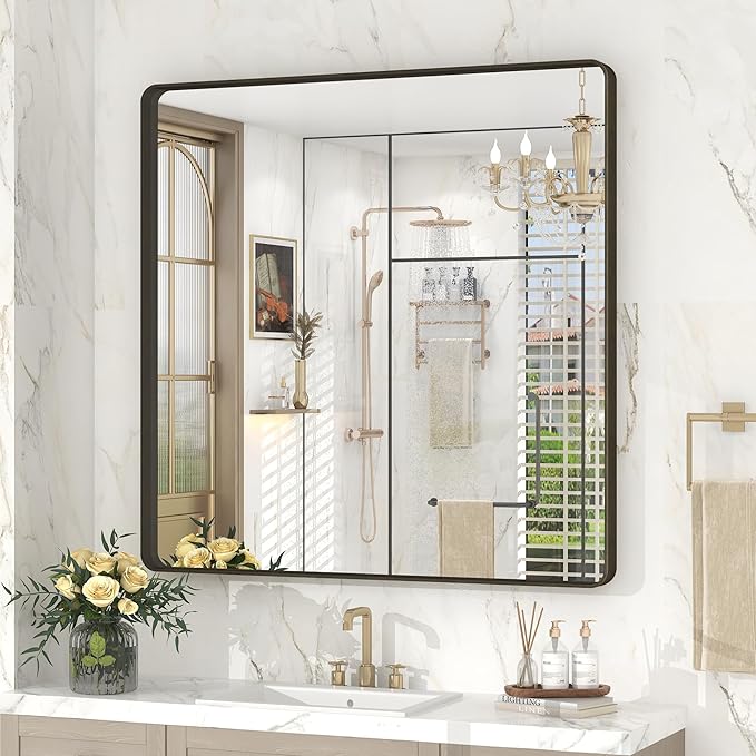 36x36 Inch Bronze Framed Bathroom Mirror, Rectangle Brushed Bronze Metal Vanity Mirror, Square Modern Wall Mirror, Rounded Corner, Tempered Glass, Anti-Rust, Shatterproof (Horizontal/Vertical)