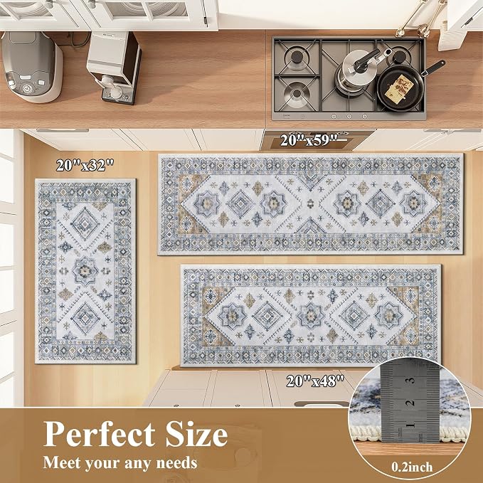 HEBE Boho Kitchen Rugs Set of 3, Non Slip Washable Kitchen Mats - Image 2