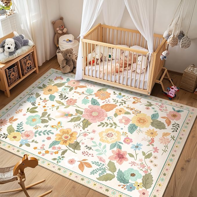 RELEANY Floral Washable 8x10 Area Rugs Beige/White/Orange | Flower Carpet Print - Image 9