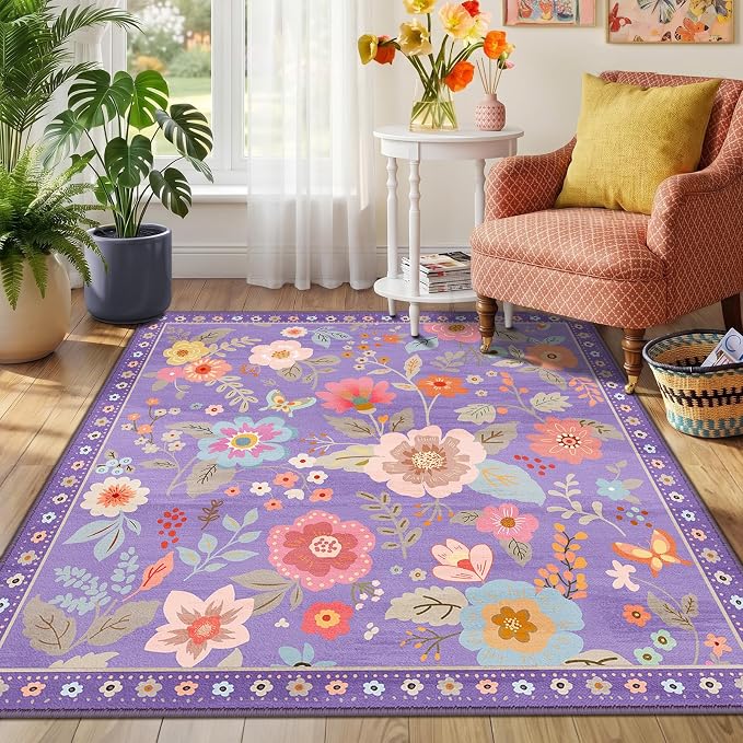 RELEANY Floral Washable Square 6ft Area Rug Purple/Pink | Flower Carpet Print - Image 9