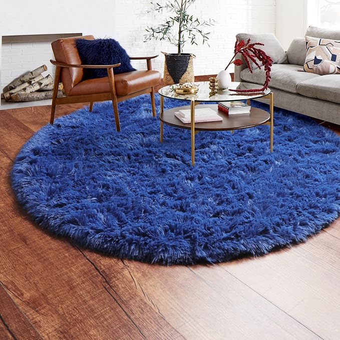 Navy Blue Round Rug 4ft, Fluffy Soft Circle Area Rugs - Image 9