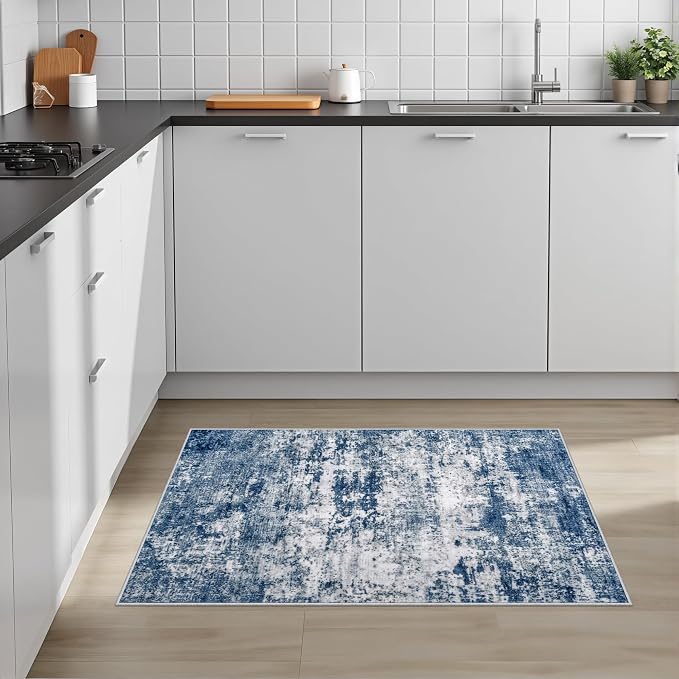 2x3 Washable Entryway Rug: Modern Abstract Indoor Soft Carpet Blue | - Image 3