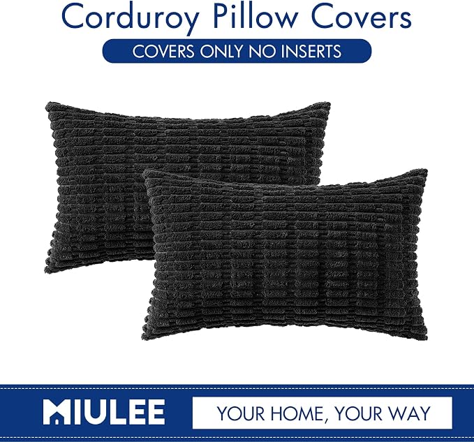 MIULEE Lumbar Corduroy Decorative Throw Pillow Covers 12x20 Black Pack of 2 | - Image 6
