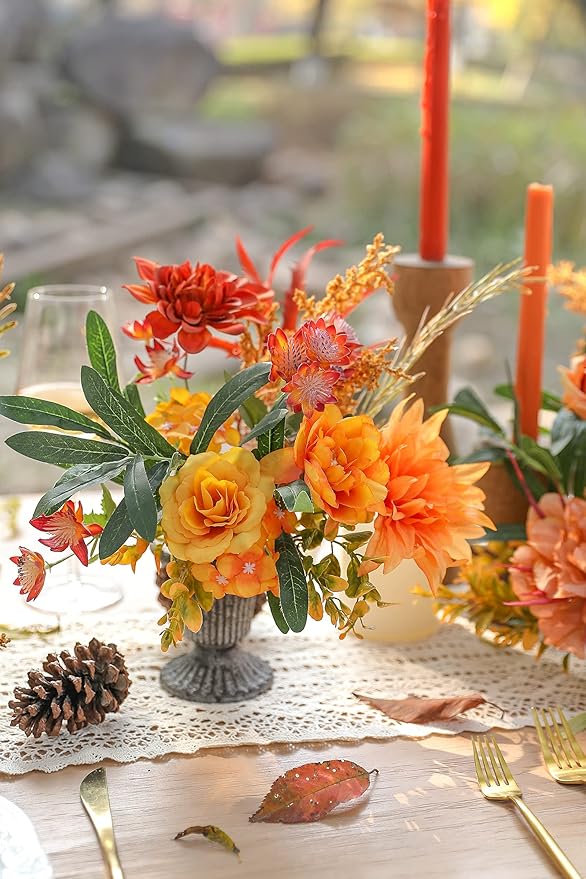 Artificial Flowers 25pcs Real Looking Red Silk Fake Flowers Combo with Stems for DIY Wedding Bouquets Bridal Shower Centerpieces Party Decorations (Orange)