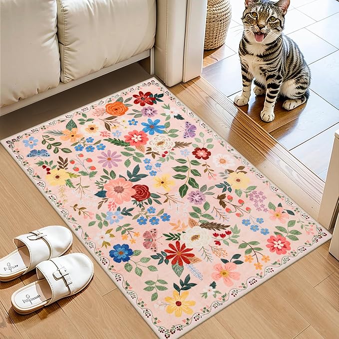 PLHXFR 2x3 Small Entryway Rug: Floral Washable Indoor Soft Carpet Beige | - Image 2