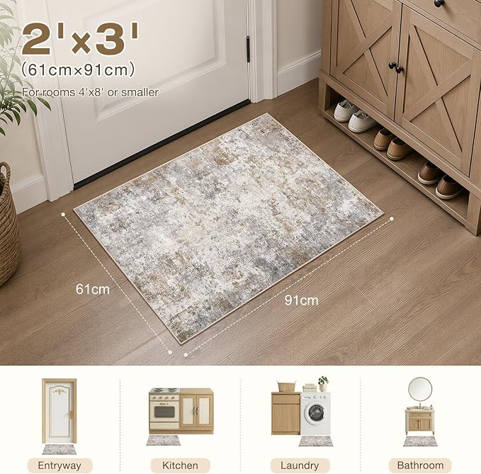 UERMEI 2x3 Entryway Area Rug Washable Neutral Brown Grey Small Carpet | Modern - Image 2