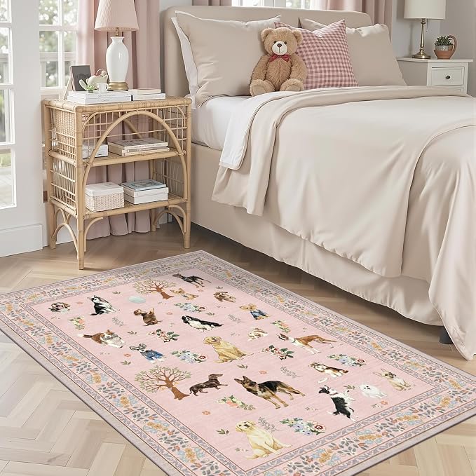 Pink Floral Area Rug 4x6 for Bedroom Dining Room | Low Pile; Non Slip;Machine - Image 4
