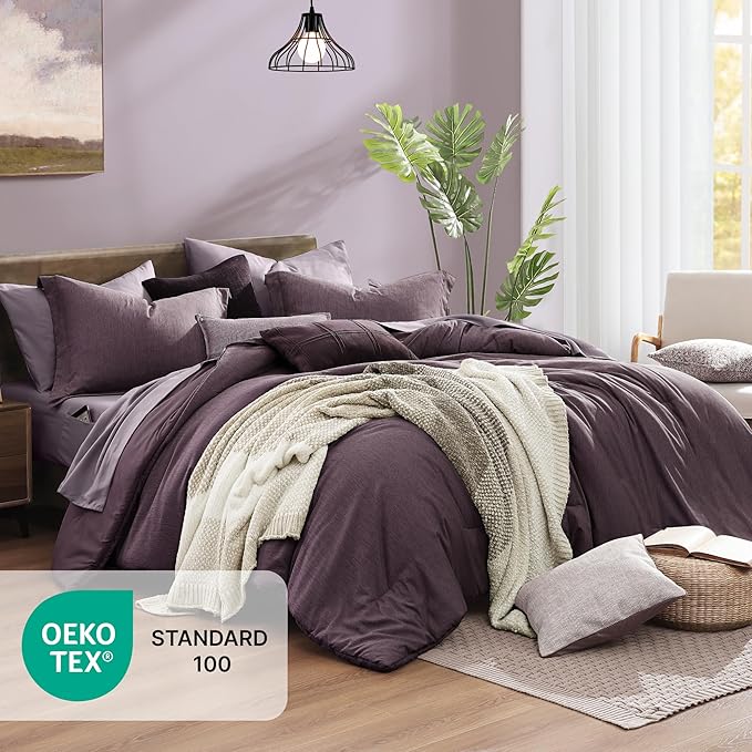 Monbix Full Size Comforter Set, Italian Plum Bedding Comforter for Full Size Bed Set Reversible, Bedding Sets Full 7 Pieces, Cationic Dyeing Bed in a Bag with Comforter, Sheets, Pillowcases & Shams
