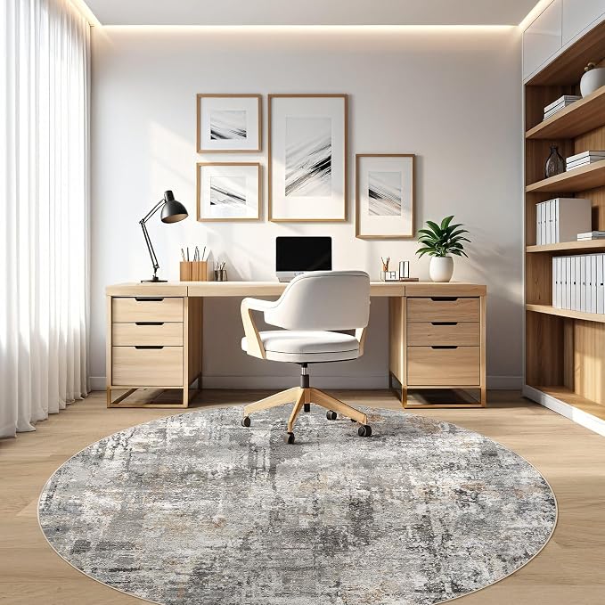 LOONGRUG Round Rug 8x8 Washable Large Neutral Modern Circle Rugs Grey Rust | - Image 7