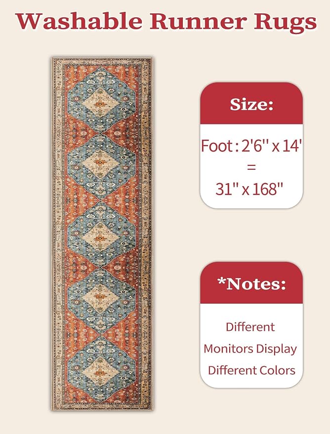 SERISSA 2'6"x14' Washable Non Slip Boho Runner Rug - Image 3