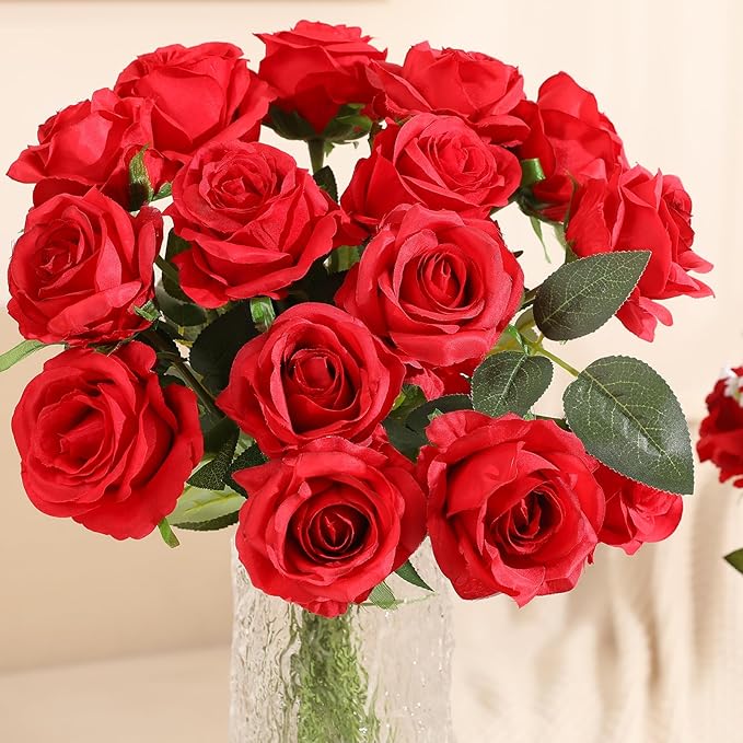 JUSTOYOU 30PCS Artificial Roses Silk Flowers in Bulk, Realistic Red Fake Roses for Wedding Decorations, Home Decor, Centerpieces, Indoor Floral Arrangements