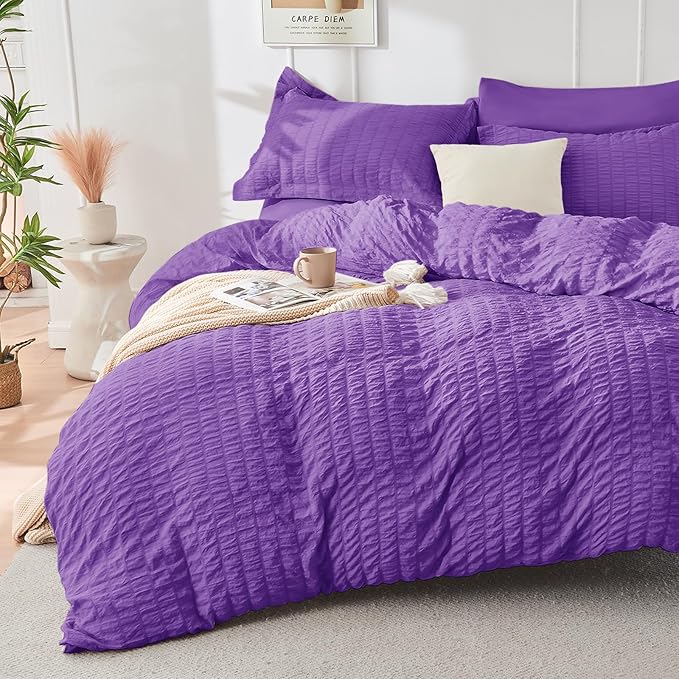 HYMOKEGE Dark Purple Twin XL Comforter Set Seersucker 5 Pieces, All Season Luxury Bed in a Bag for Bedroom, Bedding Set with Comforter, Sheets, Pillowcase & Sham