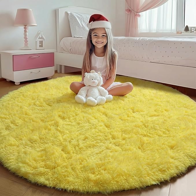 Yellow Round Area Rugs 4ft for Bedroom Living Room, Fluffy Circle Rug for Kids by ONASAR