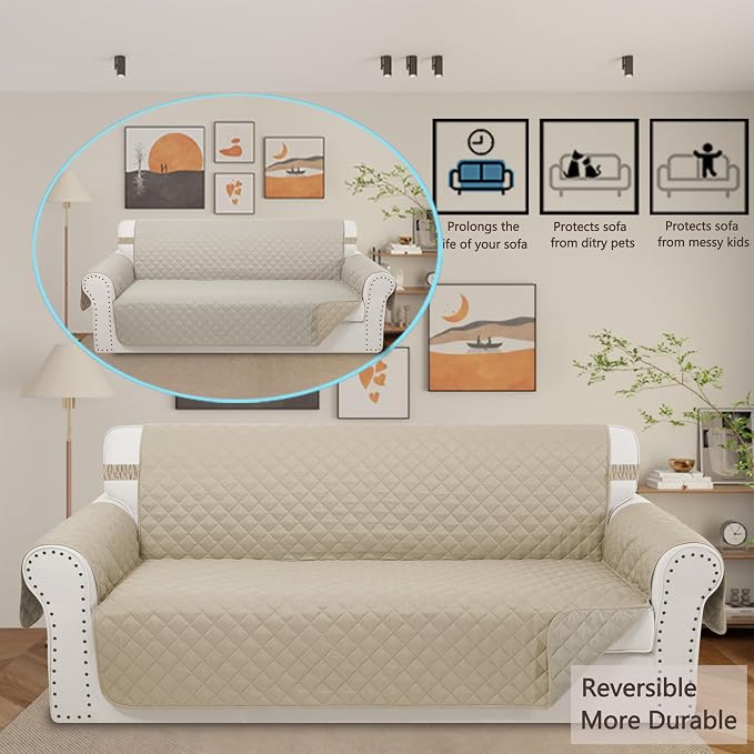 Reversible 4 Seater Sofa Cover 91" Large, Sand/Beige | Couch Cover Furniture - Image 3